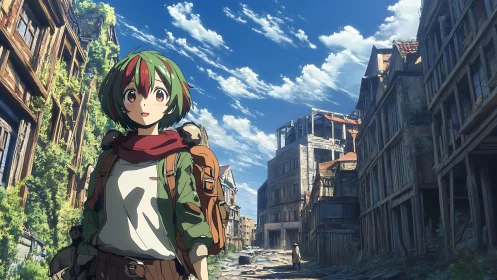 Anime traveler crossing sunlit overgrown ruined city street.