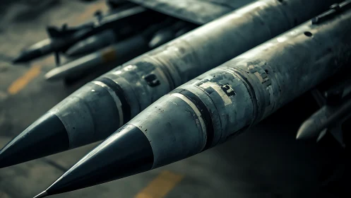 Close-up view of weathered aircraft missiles on rack.