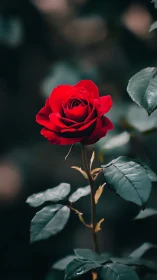 Red rose bloom with green foliage in natural garden setting.