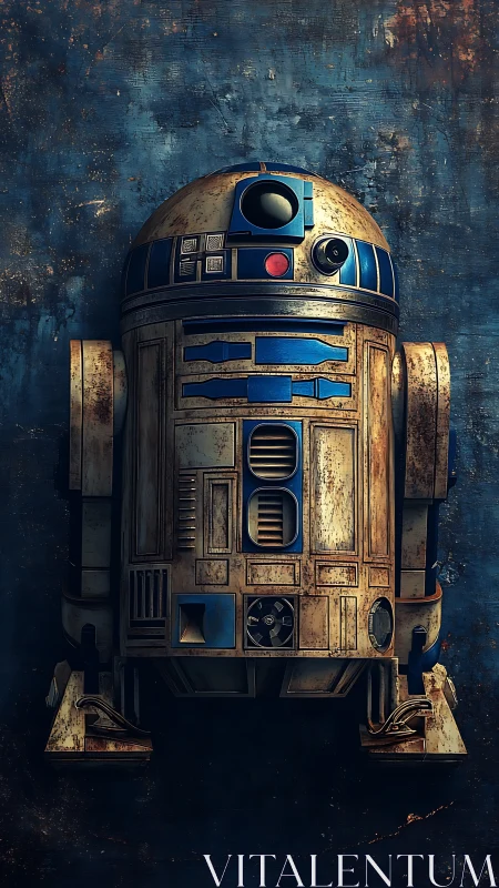 Rust-kissed blue robot standing proud against worn wall.