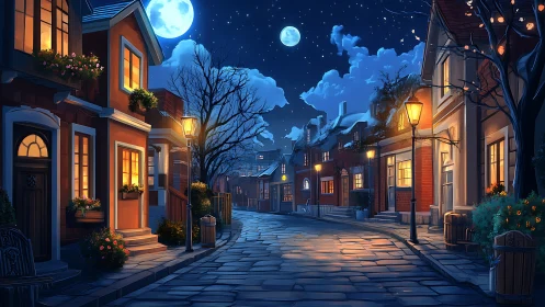 Moonlit cobblestone street glows with warm, inviting windows
