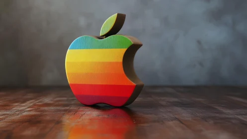 Retro rainbow apple logo sculpture on wooden table, realistic style.