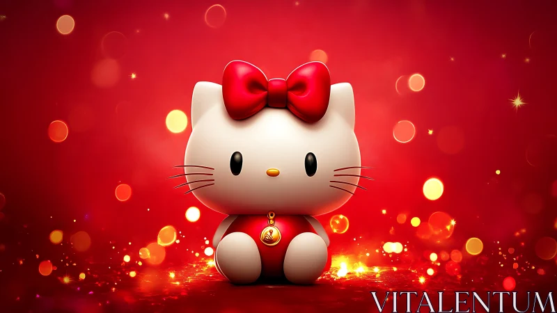 Red background cartoon cat figure with festive bokeh lights.