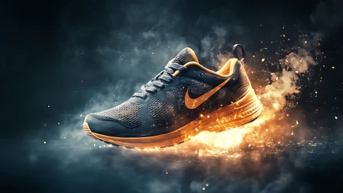 Explosive Nike running shoe suspended in fiery motion design.
