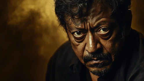 Intense close-up portrait of older man with serious gaze.