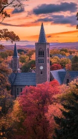 Autumn clocktower rises above a campus glowing at sunset