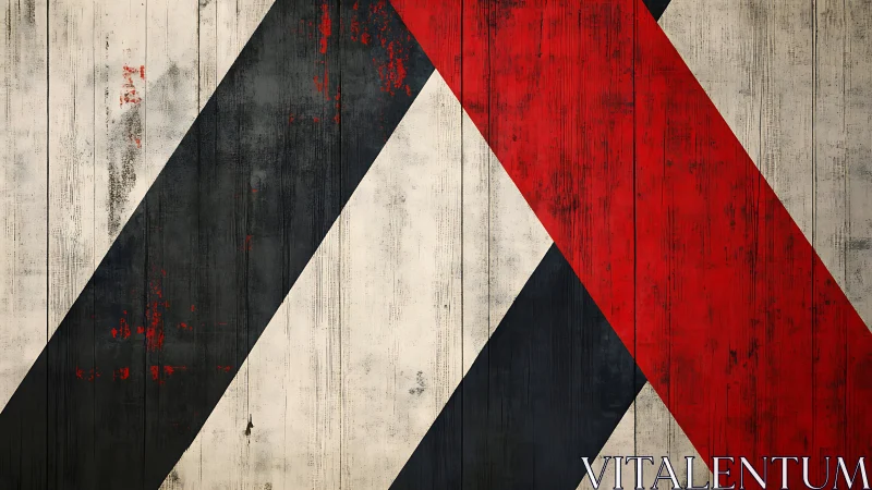 Bold red and charcoal stripes crossing weathered wood.