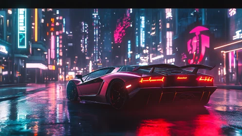 Neon soaked supercar glows against a futuristic city night