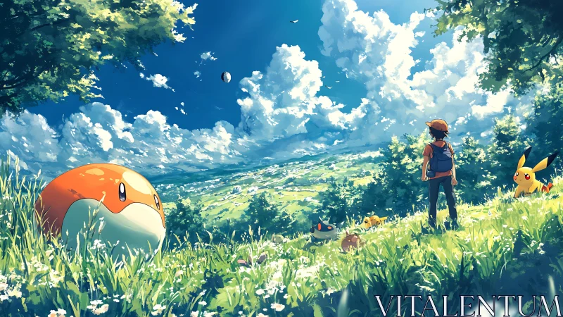 Trainer and creatures observe valley landscape under dense clouds