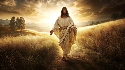 Figure in robe walks along rural path at intense sunset