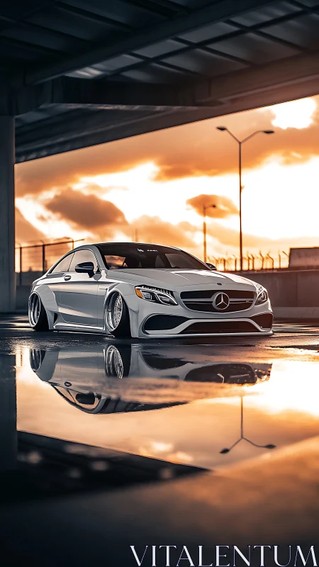 Sleek silver coupe glowing under a golden city sunset.
