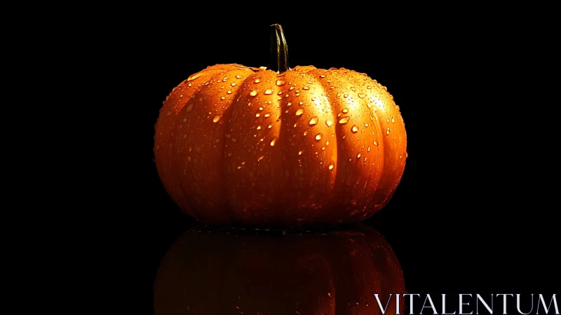 Orange pumpkin with water droplets on glossy black surface.