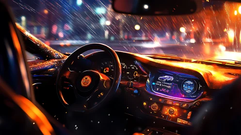 Night city car interior with rain and dashboard lights.