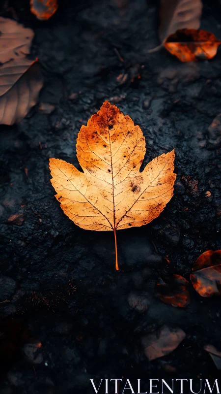 Macro autumn leaf study on wet forest ground surface.