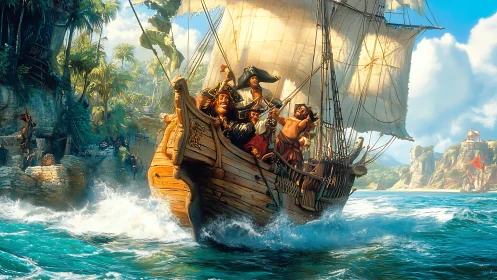 Pirate galleon cuts through tropical surf under full sail