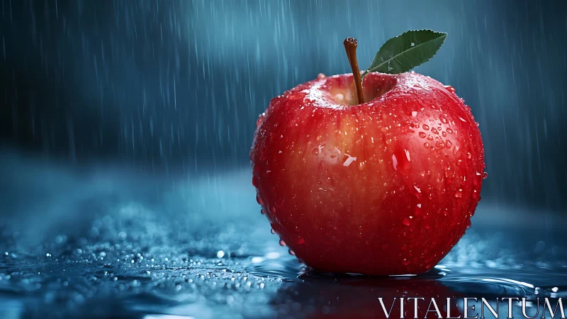 Red apple under heavy rain on reflective blue surface.