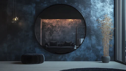 Circular wall mirror in moody blue minimalist living interior