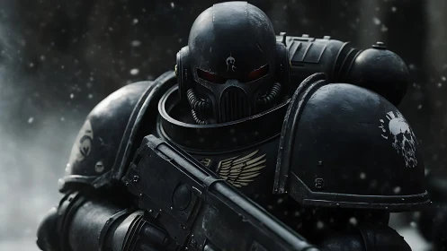 Storm-armored warrior stalks a frozen battlefield in silence.