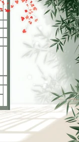 Soft directional light casting bamboo shadows on minimal shoji wall