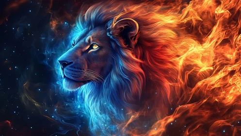 Lion profile in blue and orange cosmic fire portrait.