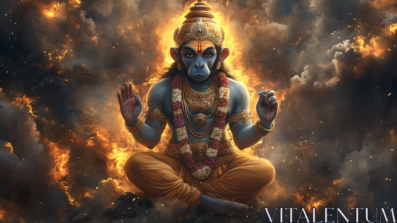 Blue humanoid monkey deity floats in firelit storm clouds