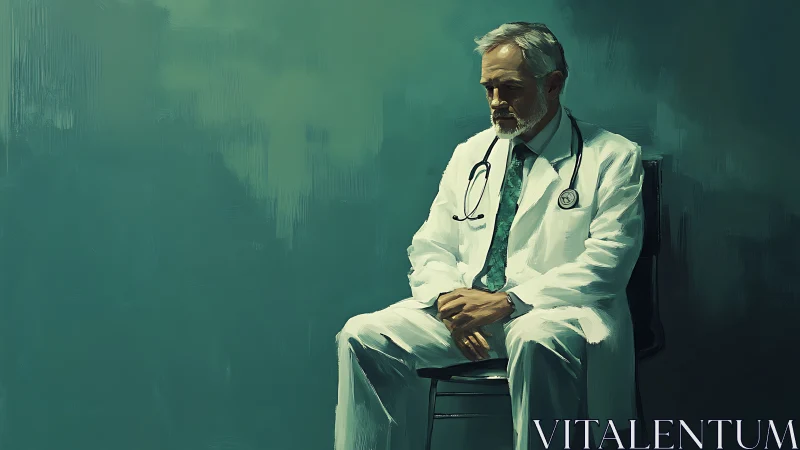 Older doctor seated alone in contemplative posture.