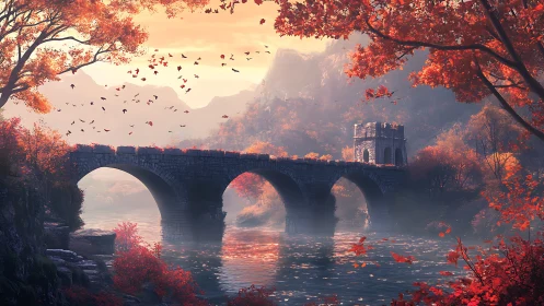 Stone bridge spans autumn river beneath distant misty mountains