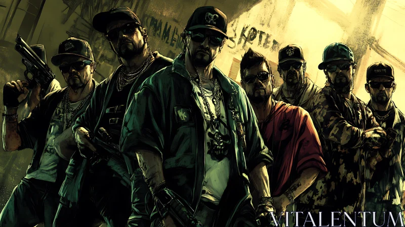 Group of armed men stands in stylized urban environment