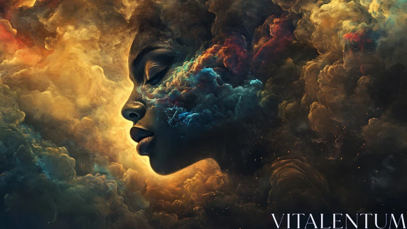 Profile of serene woman emerging from swirling cosmic clouds