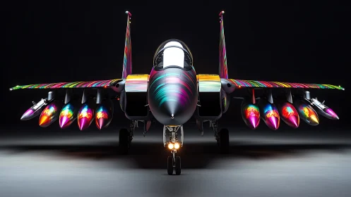 Vibrant rainbow jet stands ready with bold, colorful power