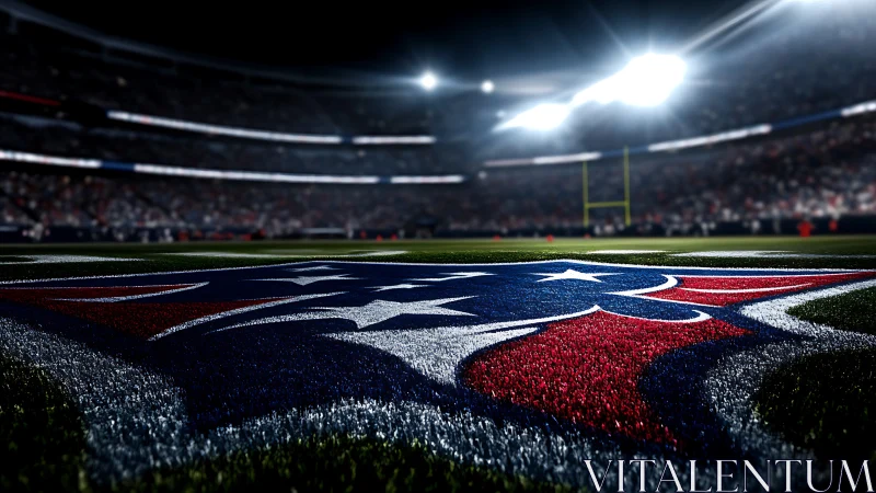Glowing football field under stadium lights on game night.