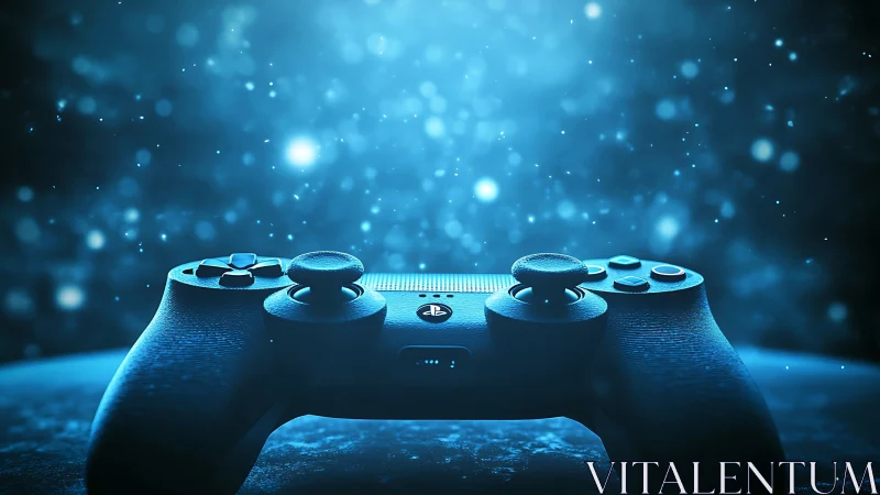 Gaming controller glows under atmospheric blue light field.