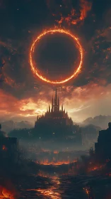 Fiery circular phenomenon above distant spired fortress landscape.