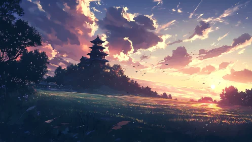 Sunlit Pagoda Field at Dusk in cinematic digital painting style.