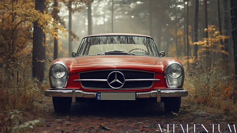 Scarlet vintage roadster pausing proudly in misty autumn woods.