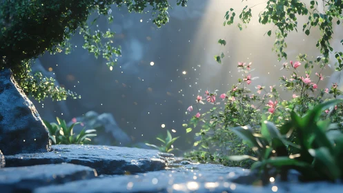 Sunlit garden stones with foliage, blossoms and particles.