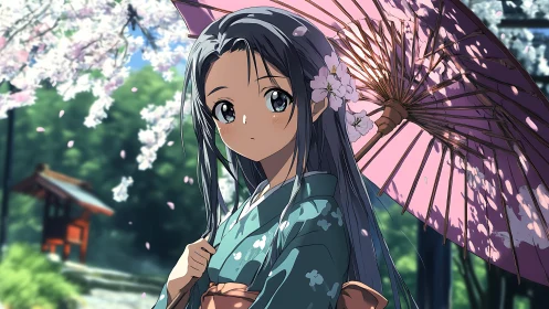 Anime girl in kimono under pink parasol with blossoms.