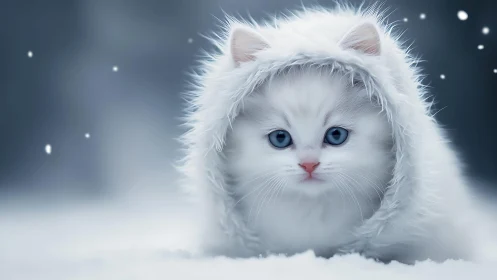 Snowy White Kitten with Blue Eyes in Winter Setting.