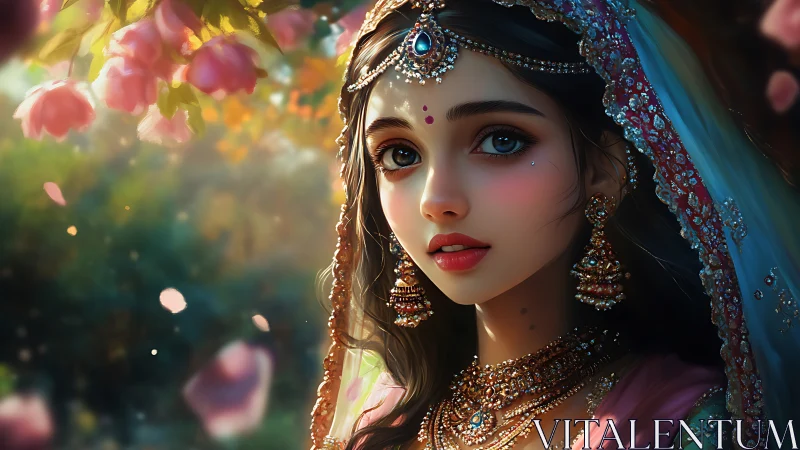 Dreamlit garden bride with jeweled gaze and soft petals.