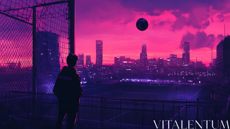 Urban soccer field at dusk with silhouetted observer figure.