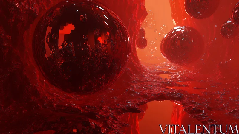Molten crimson spheres drifting through a glowing cavern.