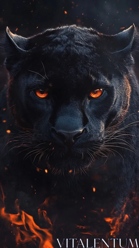 Black panther portrait with molten ember eyes and flames.