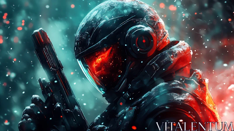 Armored sci fi soldier holds weapon in snow filled environment