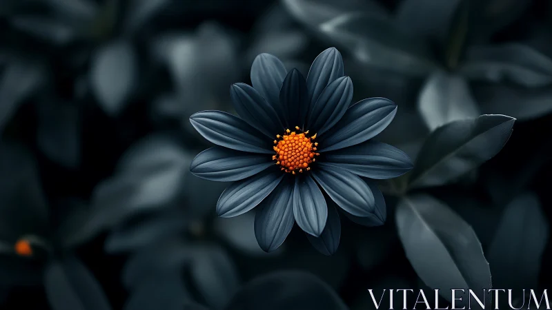 Dark Petaled Flower with Vibrant Orange Center.