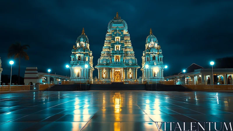 Illuminated temple complex stands against overcast night sky