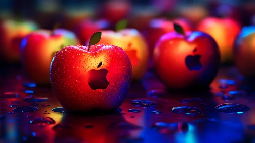 Glowing techno apples shimmering on a neon night table.
