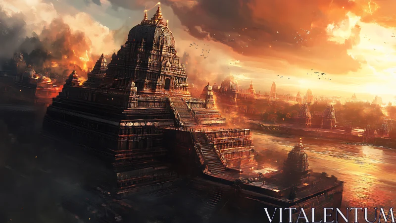 Ancient river temple city under burning sunset sky.