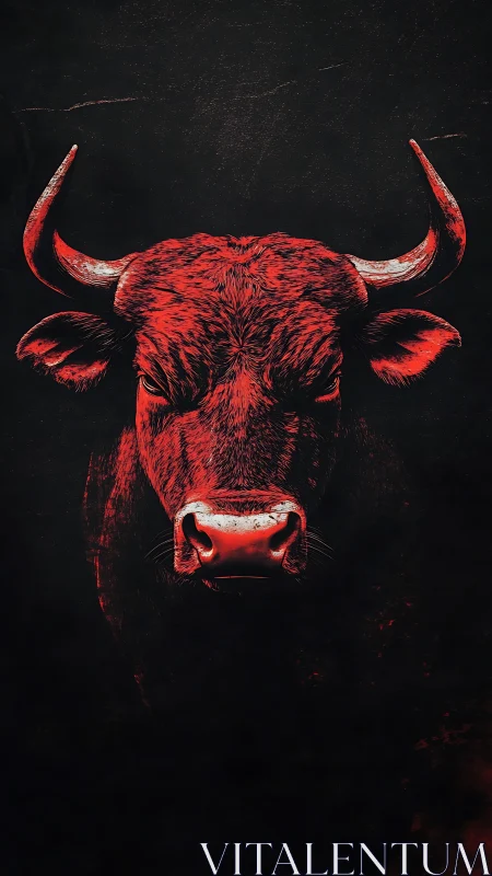 Digital painting of red bull portrait on noir ground.