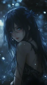 Moonlit anime girl gazes back through softly falling lights