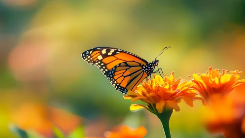 Photorealistic monarch butterfly on marigolds in soft bokeh field.